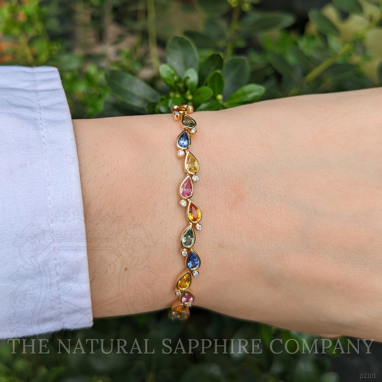 7.59 Ct.Tw. Multi Color Sapphire and Natural Diamond Bezel Bracelet, 14K Yellow Gold