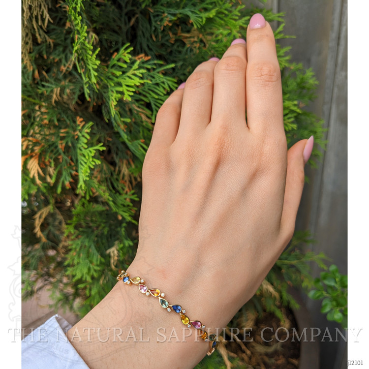 7.59 Ct.Tw. Multi Color Sapphire and Natural Diamond Bezel Bracelet, 14K Yellow Gold