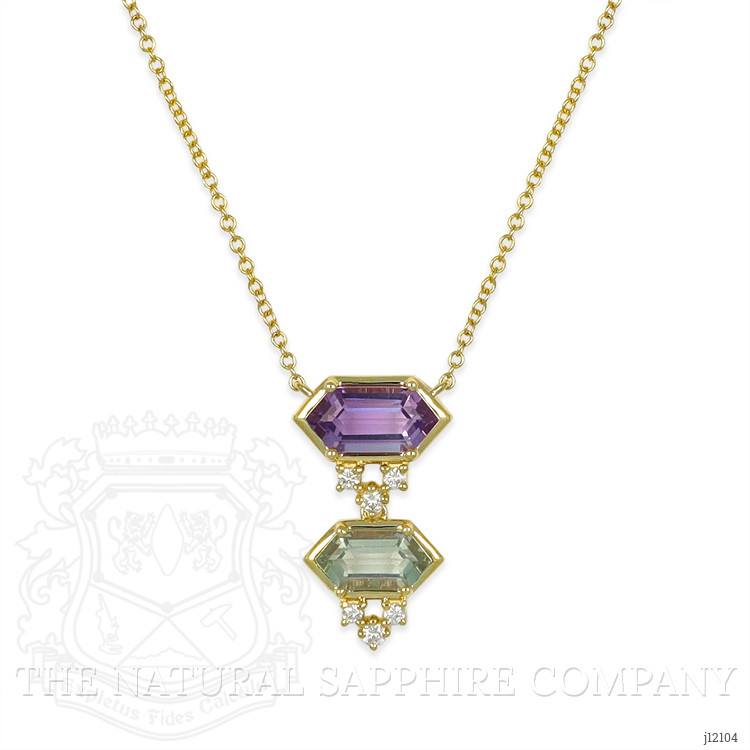1.38 Ct.Tw. Purple Amethyst, Green Prasiolite and Natural Diamond Bezel Necklace, 14K Yellow Gold