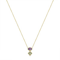 1.38 Ct.Tw.Total Carat Weight Purple Amethyst, Green Prasiolite and Natural Diamond Bezel Necklace, 14K Yellow Gold Image