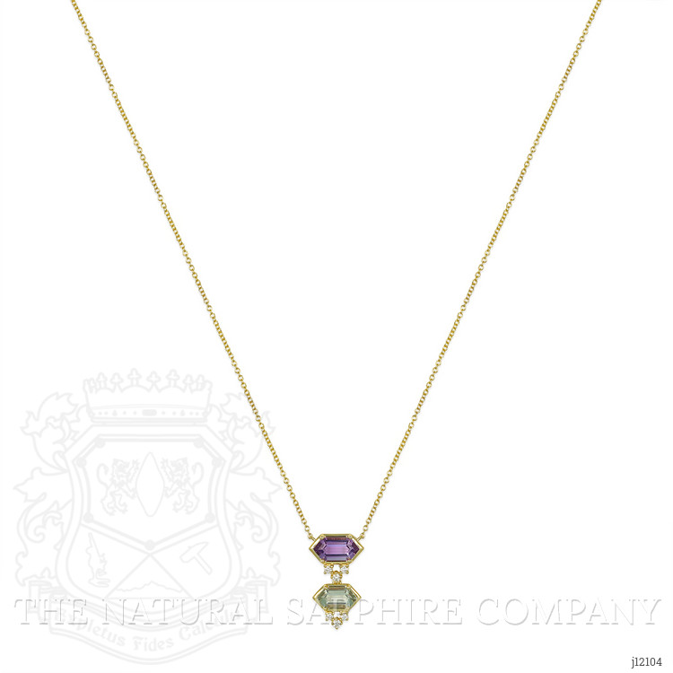 1.38 Ct.Tw. Purple Amethyst, Green Prasiolite and Natural Diamond Bezel Necklace, 14K Yellow Gold
