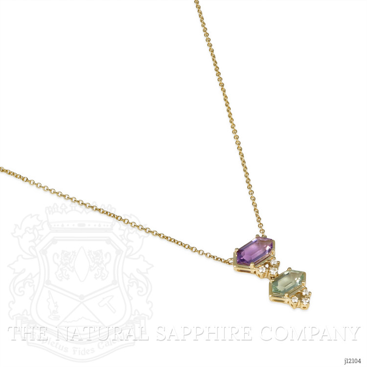 1.38 Ct.Tw. Purple Amethyst, Green Prasiolite and Natural Diamond Bezel Necklace, 14K Yellow Gold
