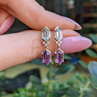 3.31 Ct.Tw.Total Carat Weight Purple Amethyst and Green Prasiolite Pave Earrings, 14K Yellow Gold Life Style