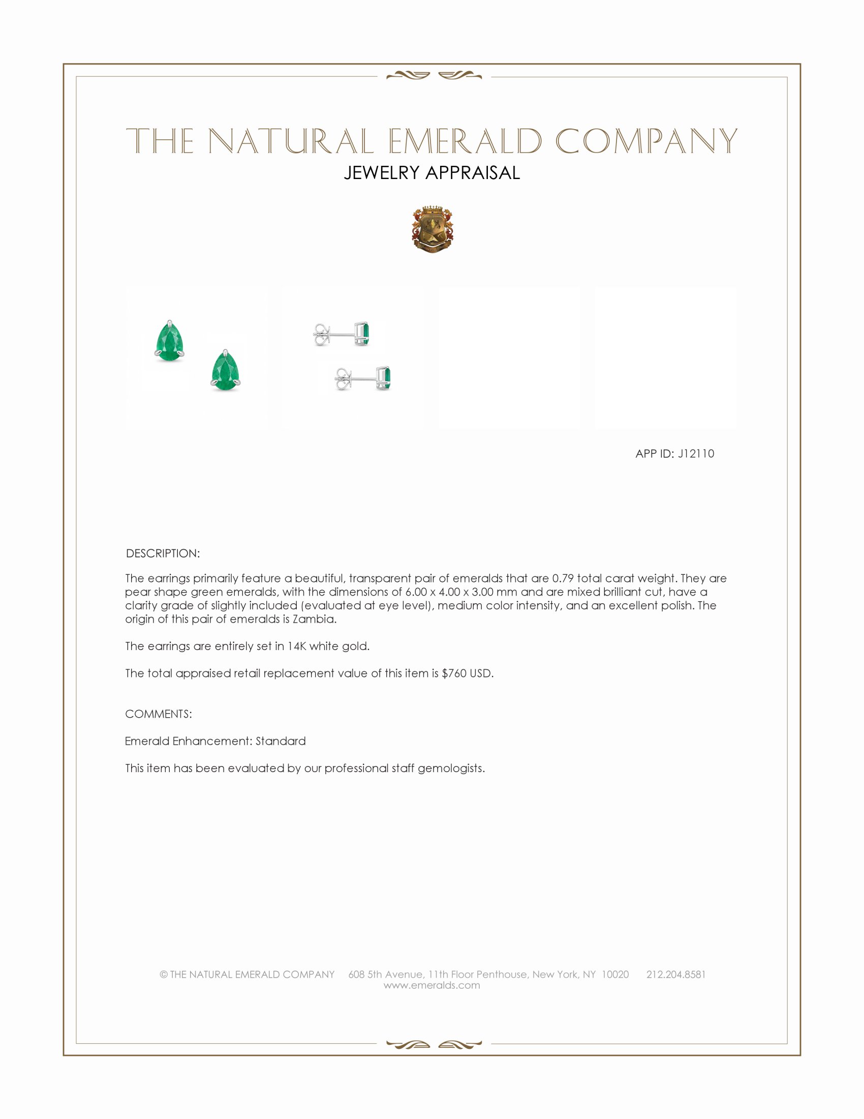 0.79 Ct.Tw. Emerald Studs Earrings, 14K White Gold