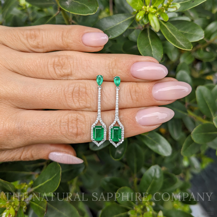 1.38 Ct.Tw. Emerald and Natural Diamond Pave Earrings, 14K White Gold