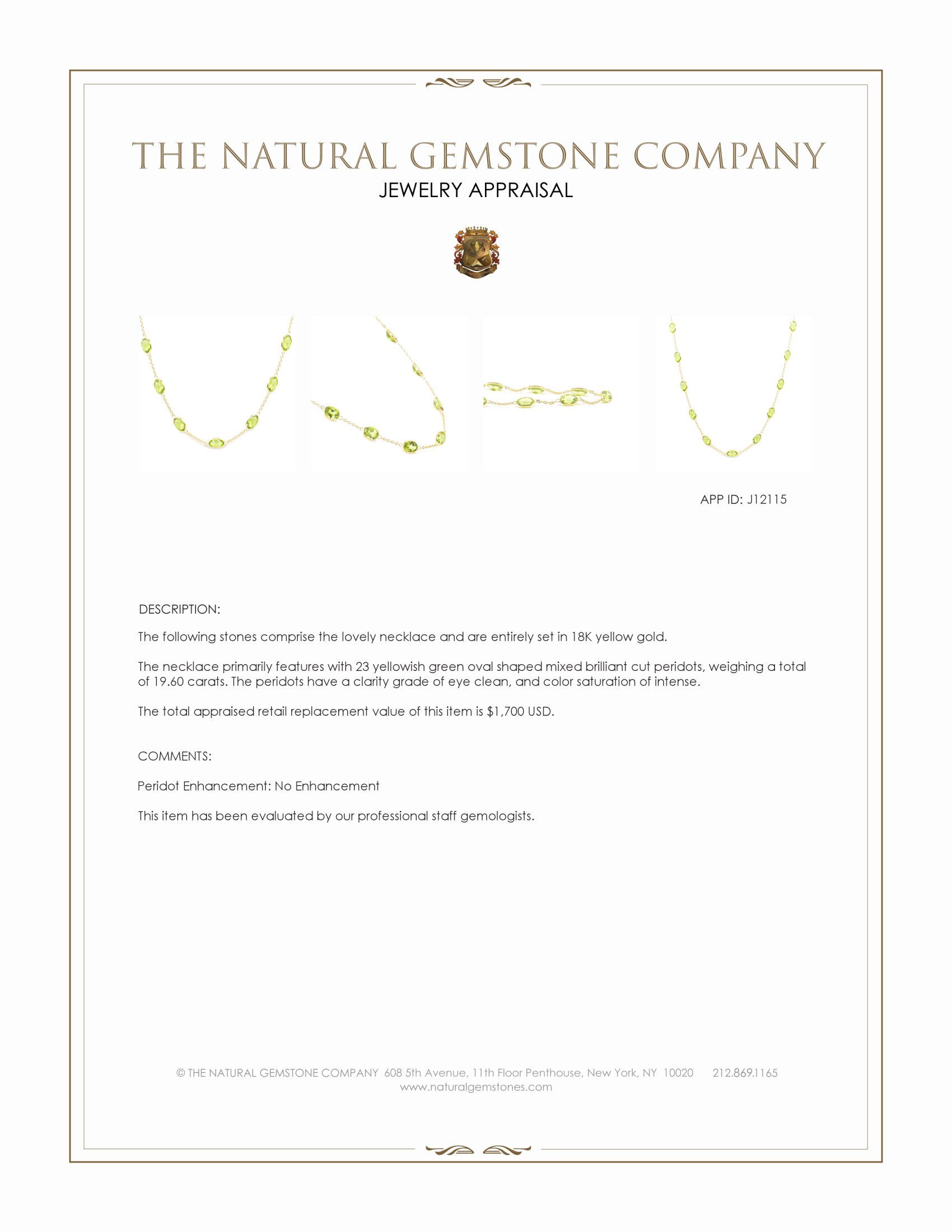 19.60 Ct. Yellowish Green Peridot Bezel Necklace, 18K Yellow Gold