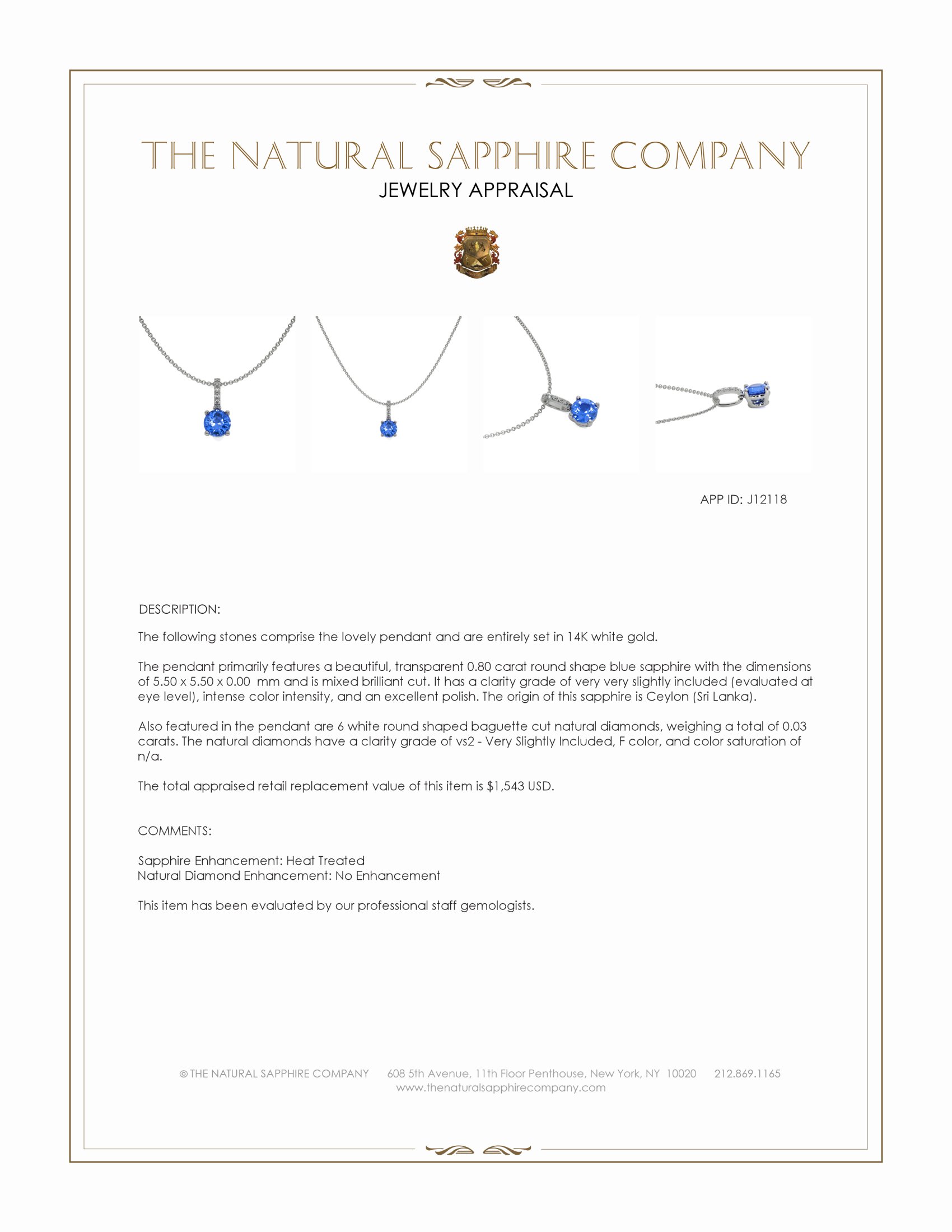 0.80 Ct. Blue Sapphire and Natural Diamond Pave Pendant, 14K White Gold