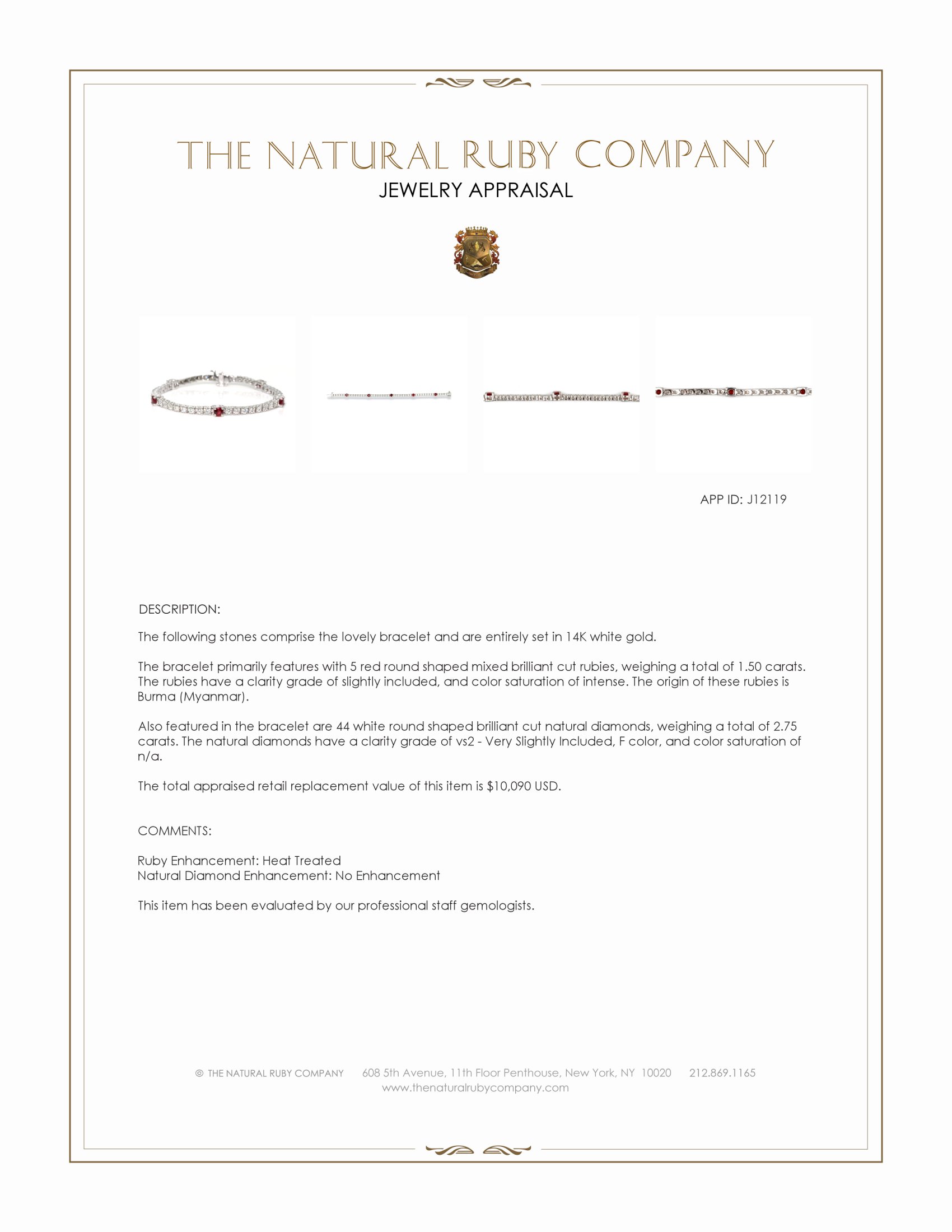 1.50 Ct.Tw. Ruby and Natural Diamond Tennis/Line Bracelet, 14K White Gold