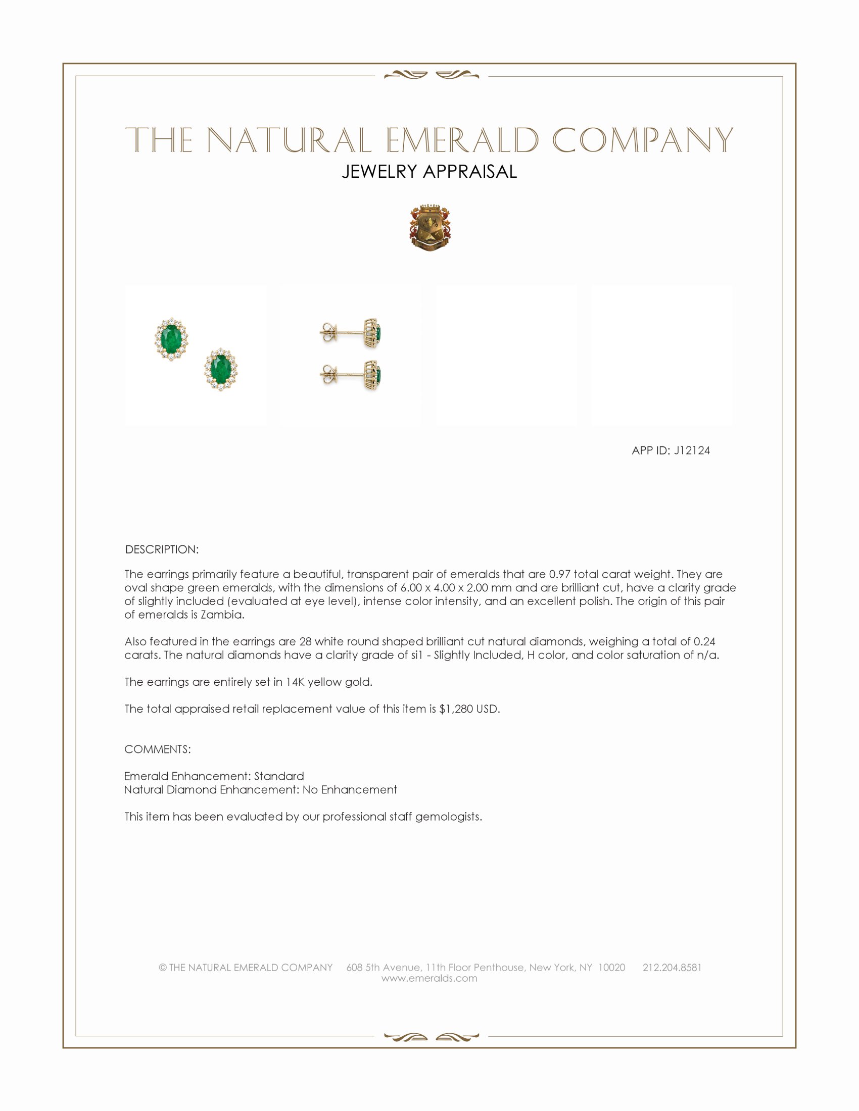 0.97 Ct.Tw. Emerald and Natural Diamond Studs Earrings, 14K Yellow Gold
