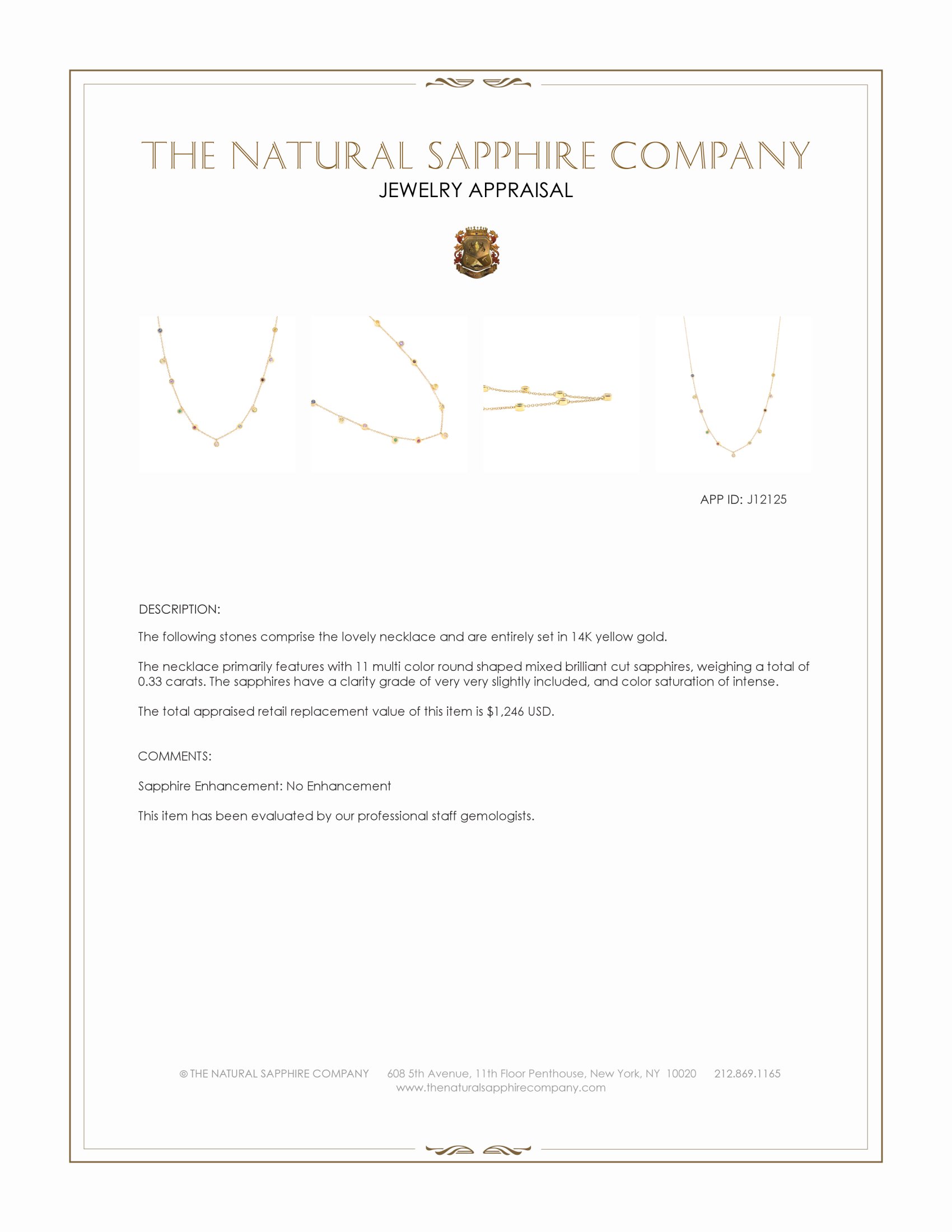 0.33 Ct. Multi Color Sapphire Bezel Necklace, 14K Yellow Gold