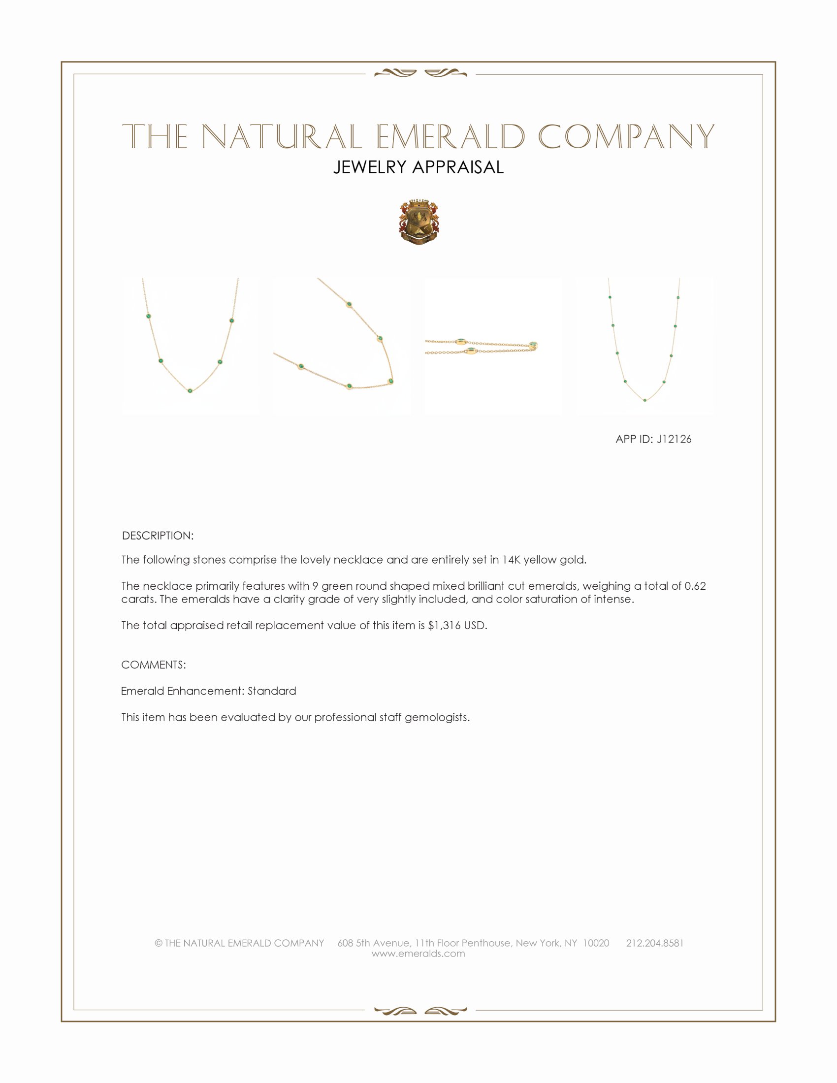 0.62 Ct. Emerald Bezel Necklace, 14K Yellow Gold