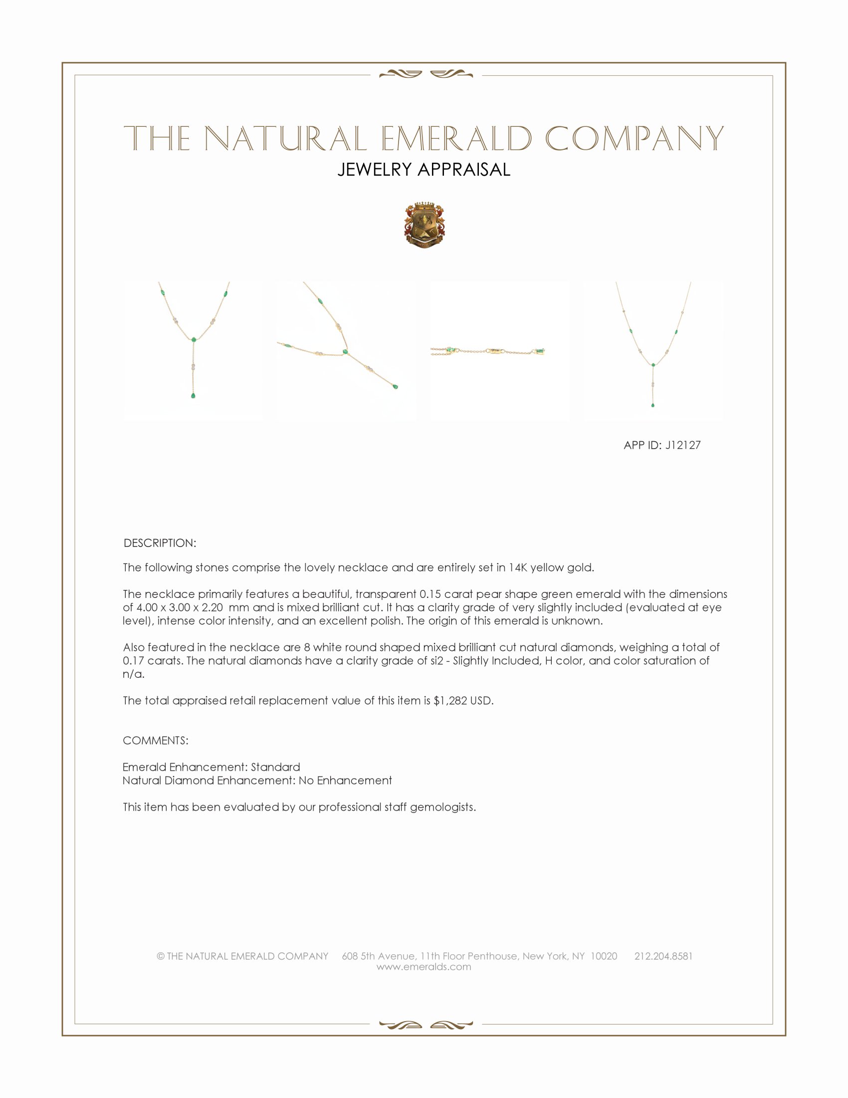 0.62 Ct.Tw. Emerald and Natural Diamond Accent Stones Necklace, 14K Yellow Gold