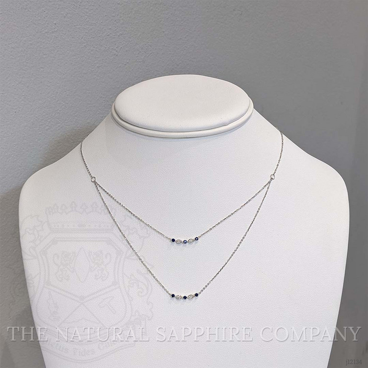 0.07 Ct. Natural Diamond and Blue Sapphire Bezel Necklace, 14K White Gold