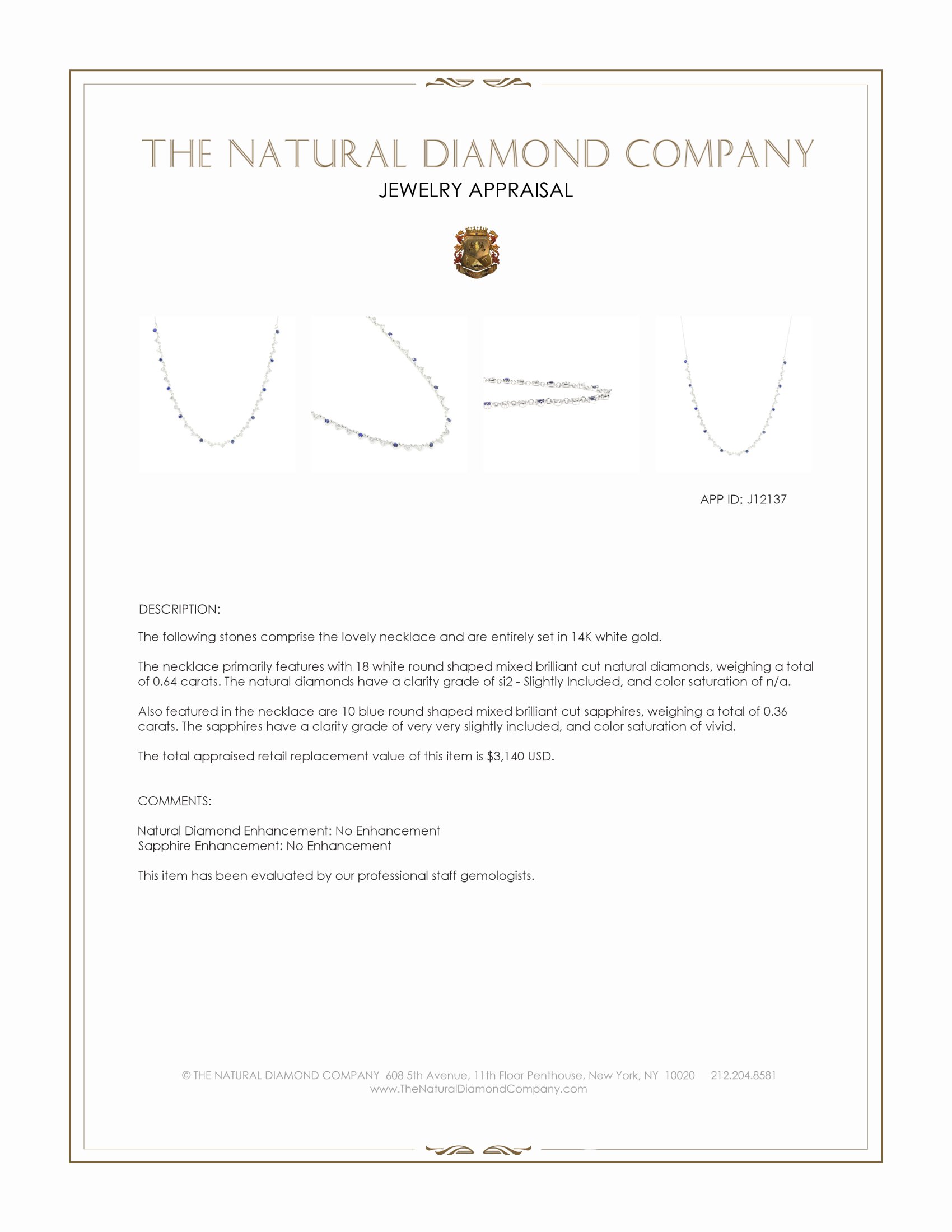 0.64 Ct. Natural Diamond and Blue Sapphire Tennis/Riviere Necklace, 14K White Gold