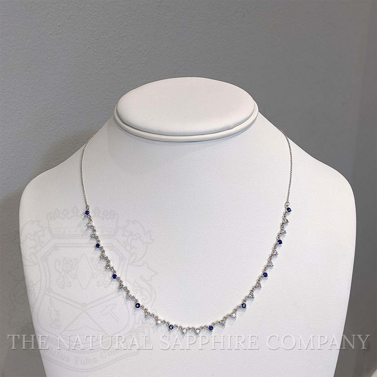 0.64 Ct. Natural Diamond and Blue Sapphire Tennis/Riviere Necklace, 14K White Gold