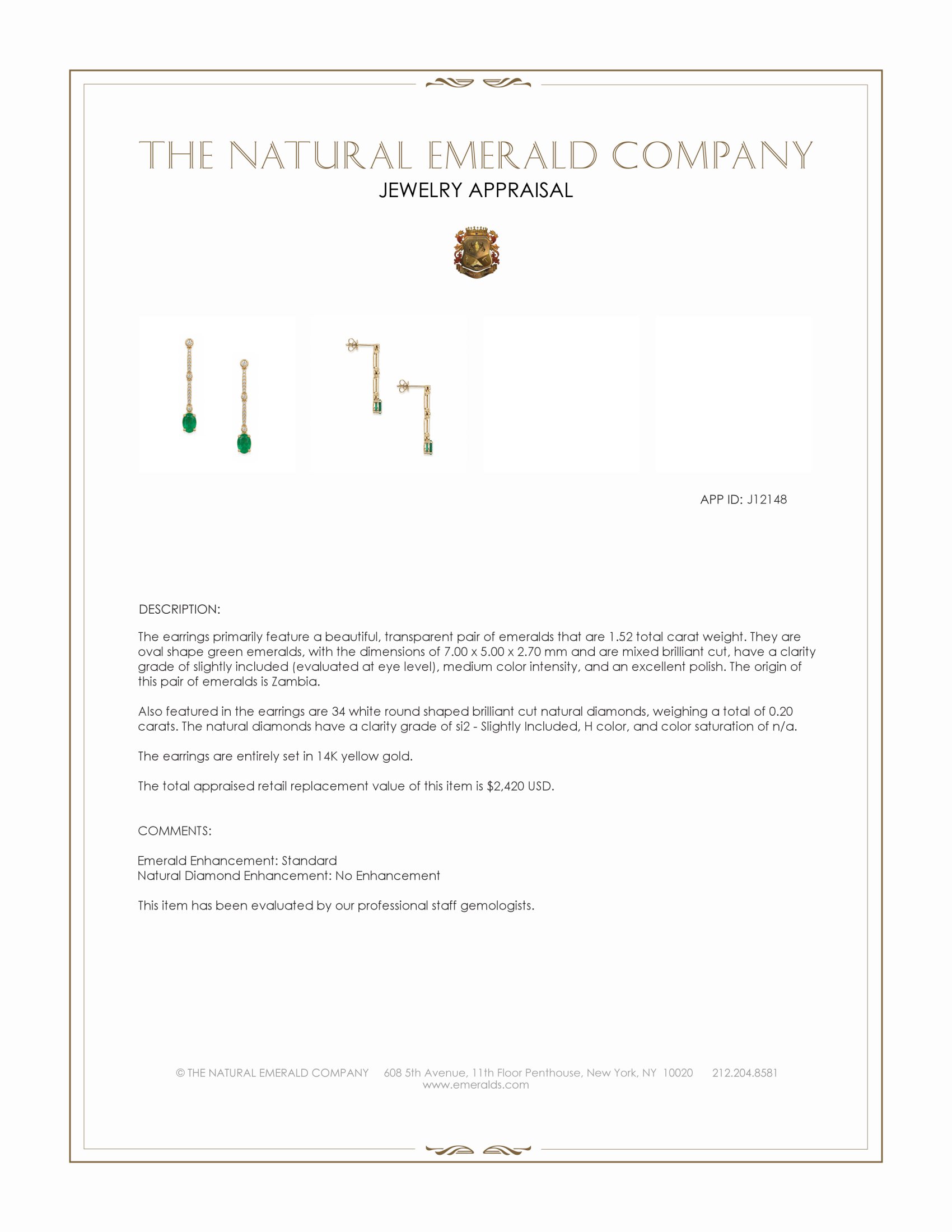 1.52 Ct.Tw. Emerald and Natural Diamond Pave Earrings, 14K Yellow Gold