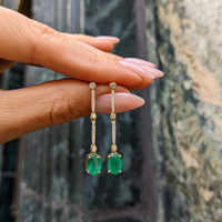 1.52 Ct.Tw.Total Carat Weight Emerald and Natural Diamond Pave Earrings, 14K Yellow Gold Life Style