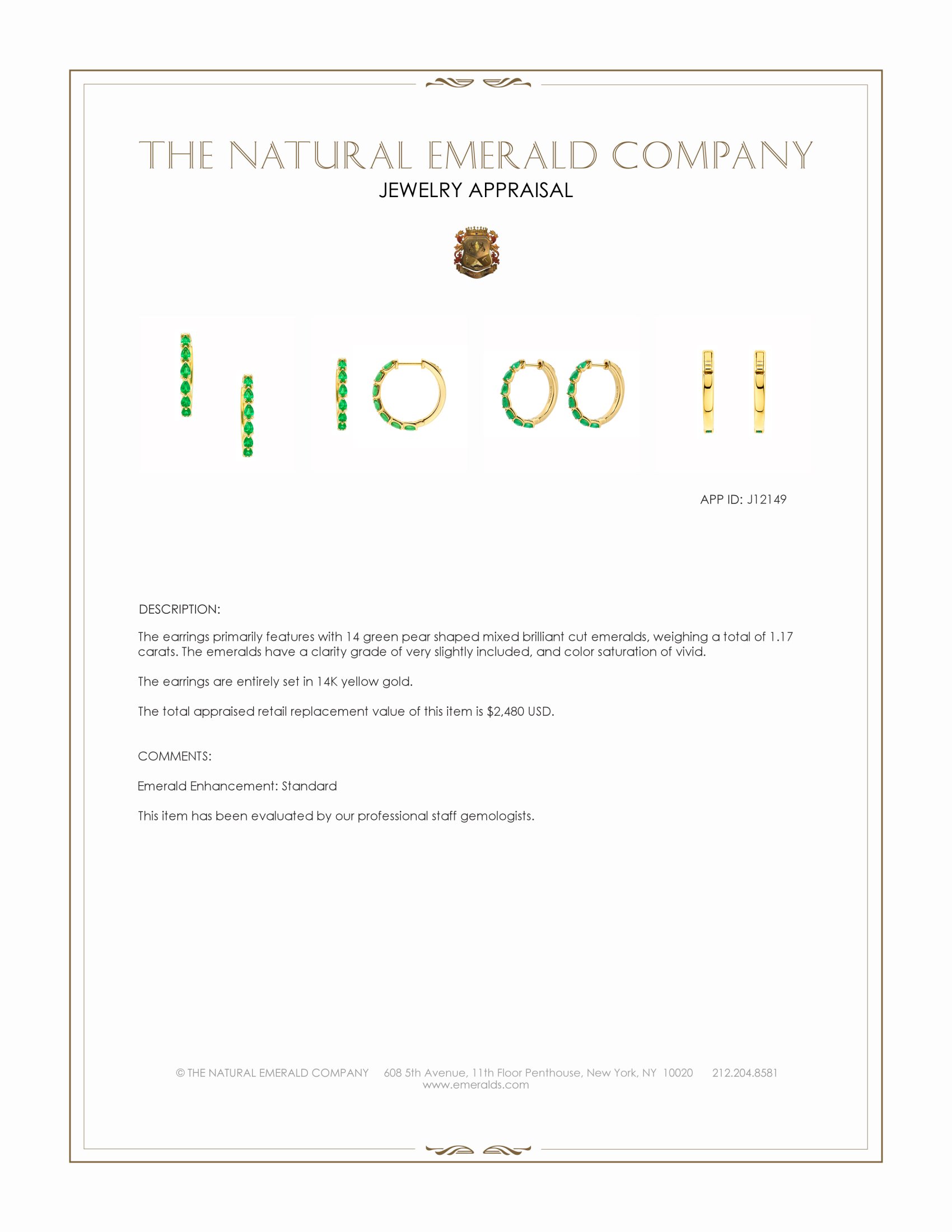 1.17 Ct.Tw. Emerald Hoops Earrings, 14K Yellow Gold