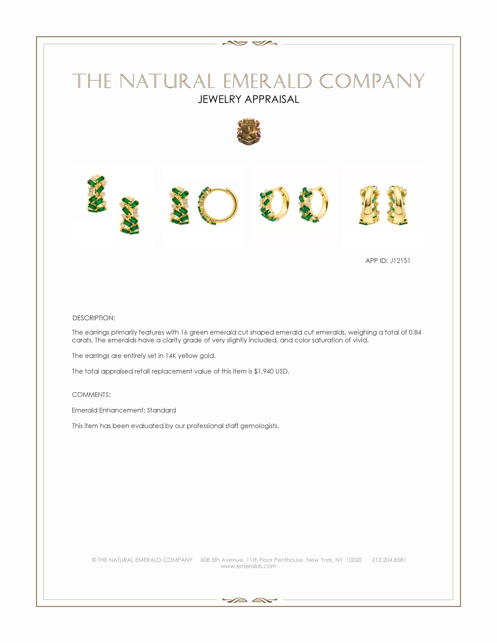 1.08 Ct.Tw. Emerald and Natural Diamond Hoops Earrings, 14K Yellow Gold