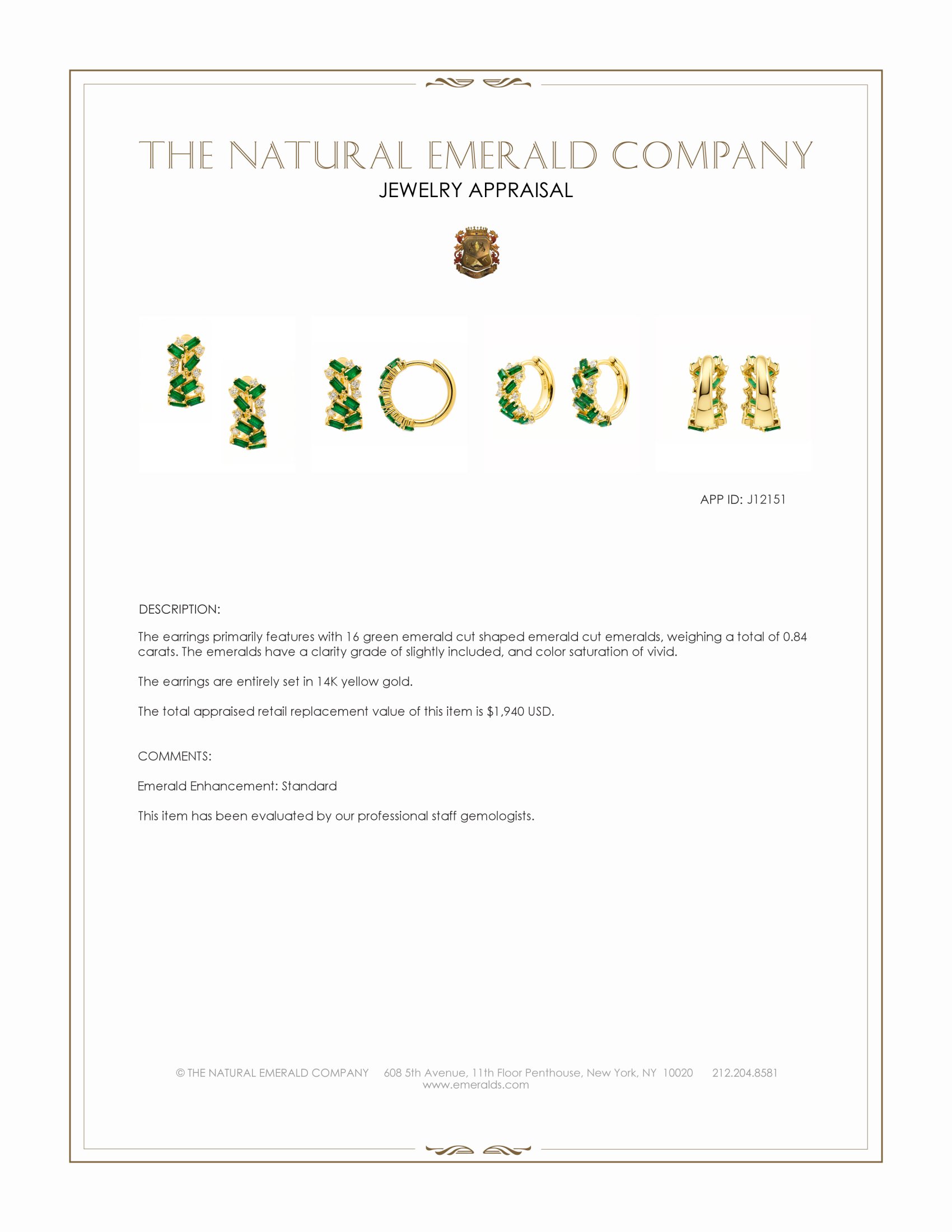 1.08 Ct.Tw. Emerald and Natural Diamond Hoops Earrings, 14K Yellow Gold