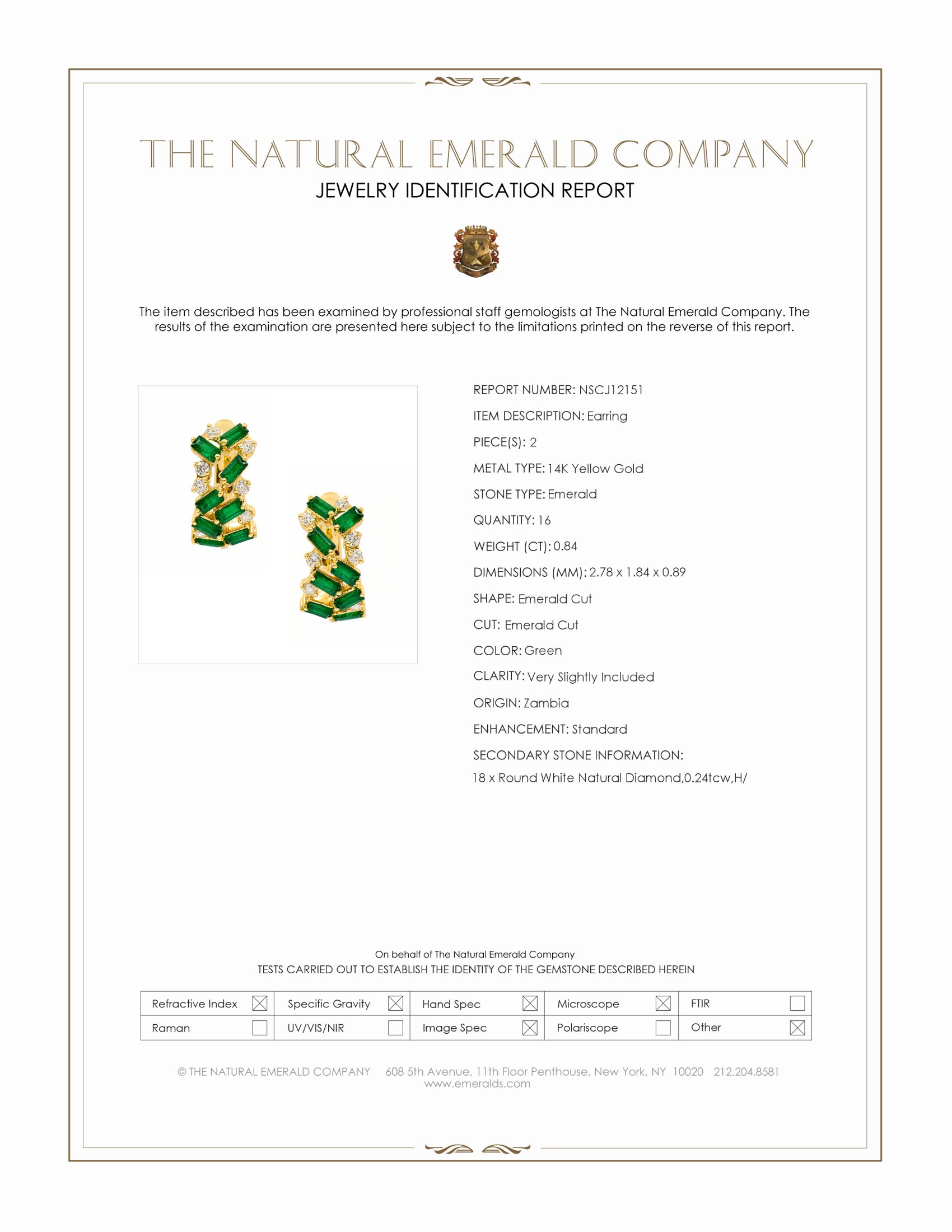 1.08 Ct.Tw. Emerald and Natural Diamond Hoops Earrings, 14K Yellow Gold