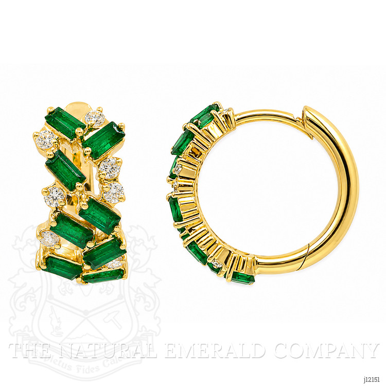 1.08 Ct.Tw. Emerald and Natural Diamond Hoops Earrings, 14K Yellow Gold