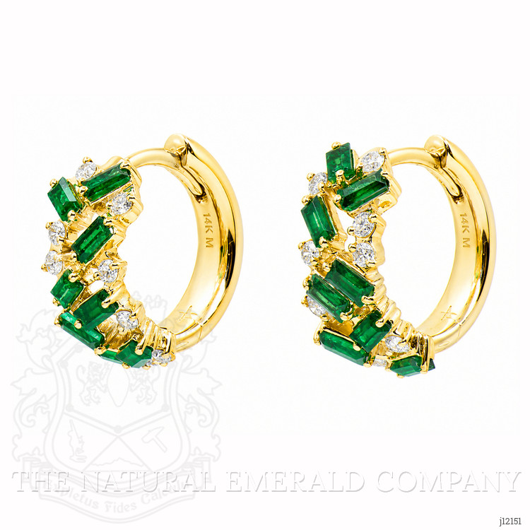 1.08 Ct.Tw. Emerald and Natural Diamond Hoops Earrings, 14K Yellow Gold