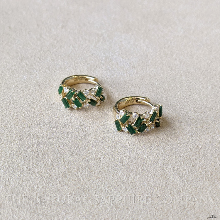 1.08 Ct.Tw. Emerald and Natural Diamond Hoops Earrings, 14K Yellow Gold