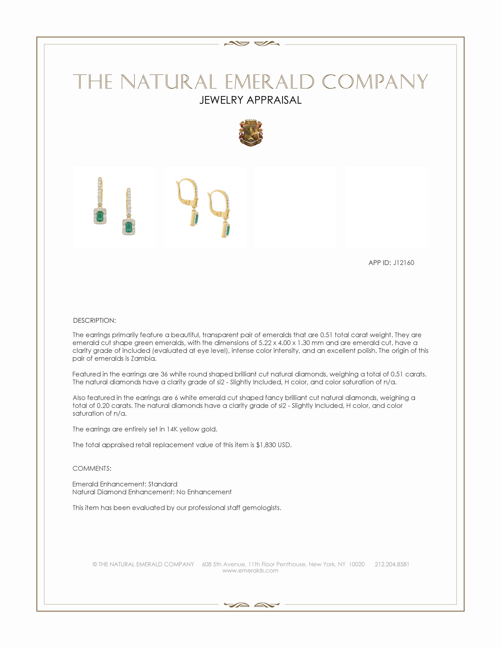 0.51 Ct.Tw. Emerald and Natural Diamond Halo Earrings, 14K Yellow Gold