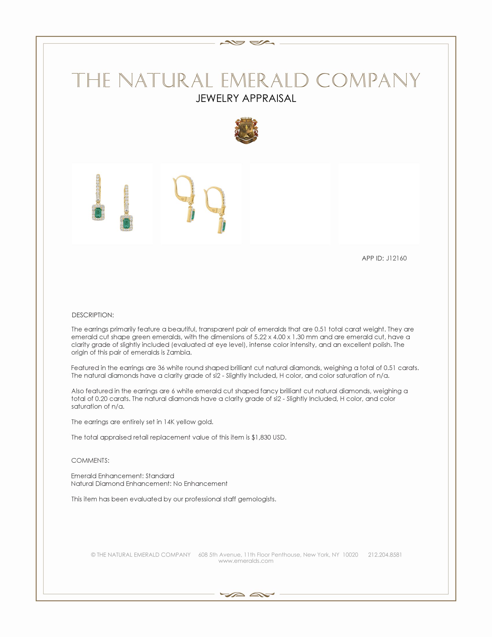 0.51 Ct.Tw. Emerald and Natural Diamond Halo Earrings, 14K Yellow Gold