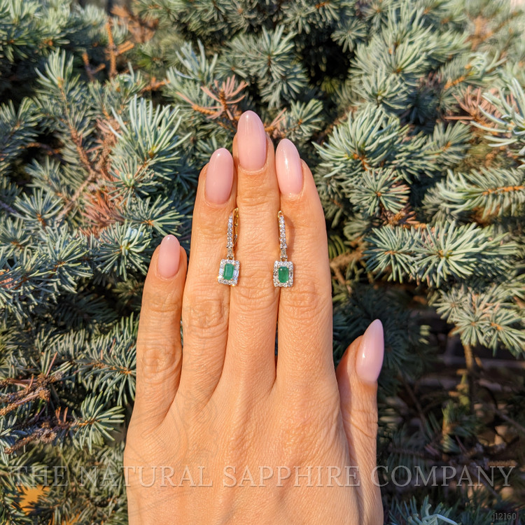 0.51 Ct.Tw. Emerald and Natural Diamond Halo Earrings, 14K Yellow Gold