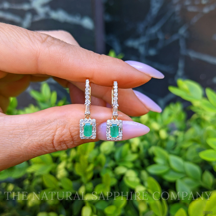 0.51 Ct.Tw. Emerald and Natural Diamond Halo Earrings, 14K Yellow Gold