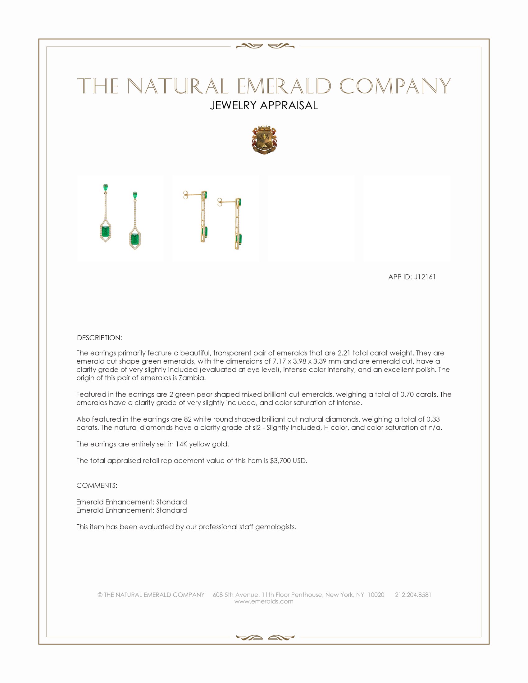 2.21 Ct.Tw. Emerald and Natural Diamond Pave Earrings, 14K Yellow Gold