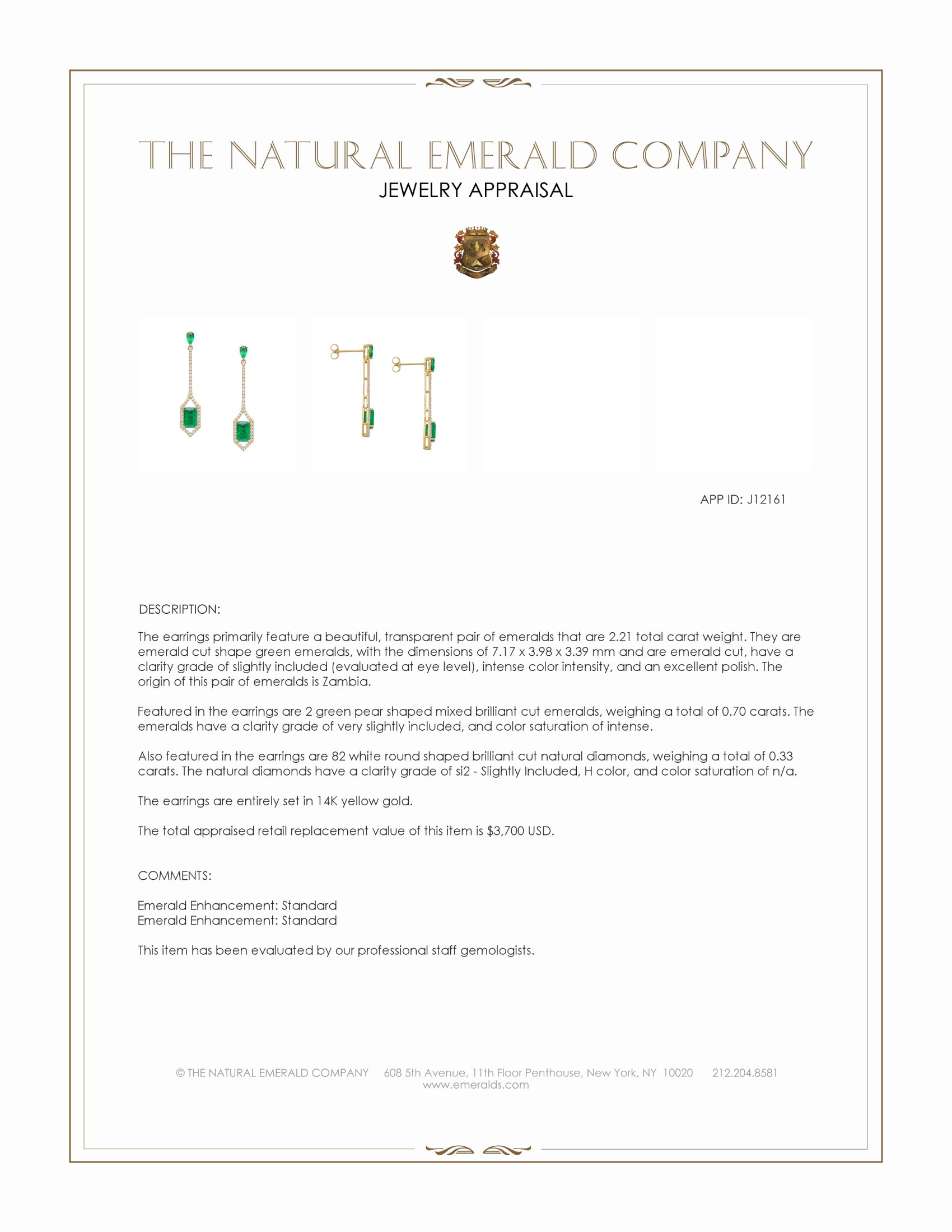 2.21 Ct.Tw. Emerald and Natural Diamond Pave Earrings, 14K Yellow Gold