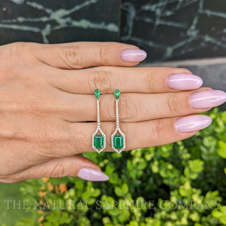 2.21 Ct.Tw. Emerald and Natural Diamond Pave Earrings, 14K Yellow Gold