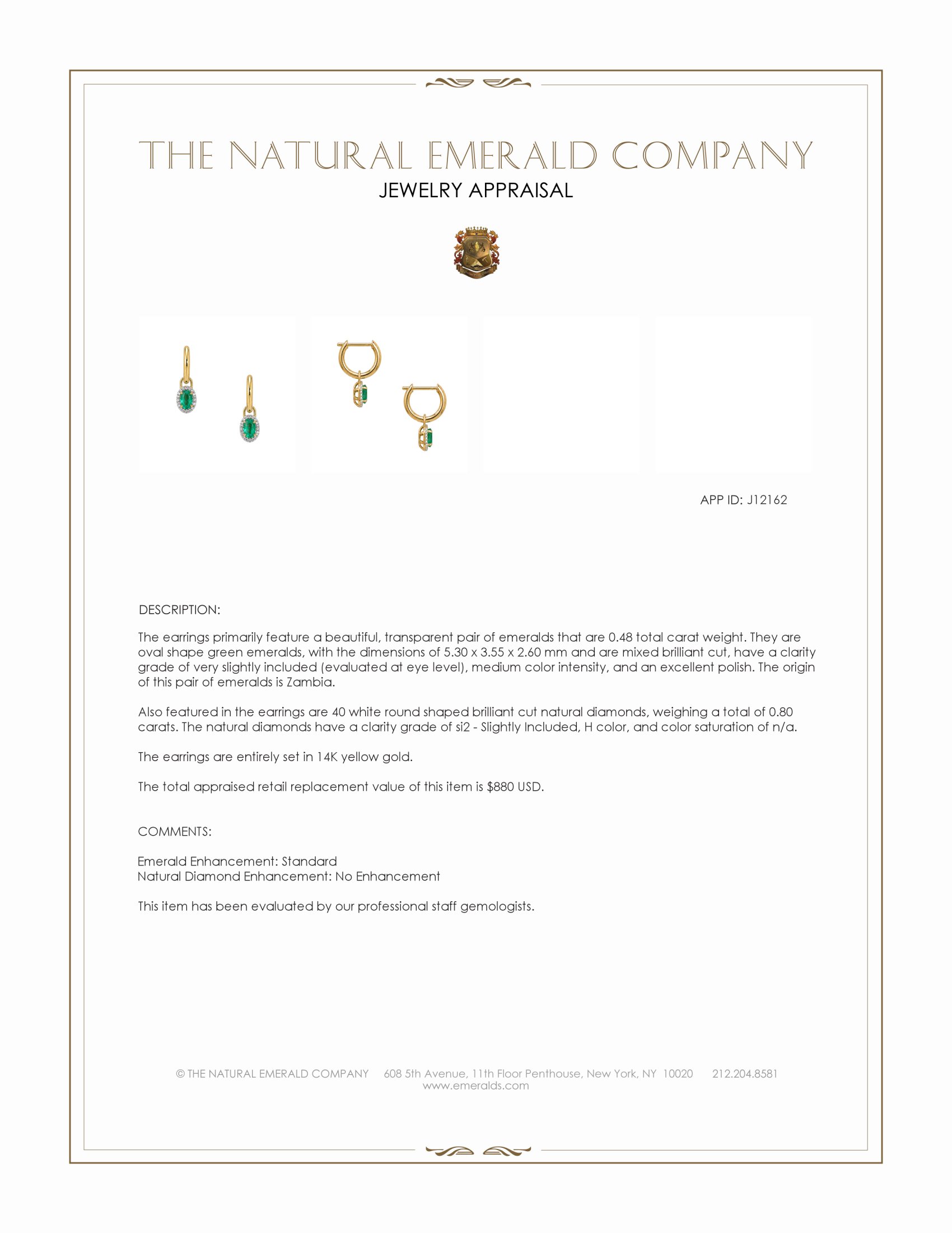 0.48 Ct.Tw. Emerald and Natural Diamond Halo Earrings, 14K Yellow Gold