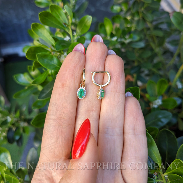 0.48 Ct.Tw. Emerald and Natural Diamond Halo Earrings, 14K Yellow Gold