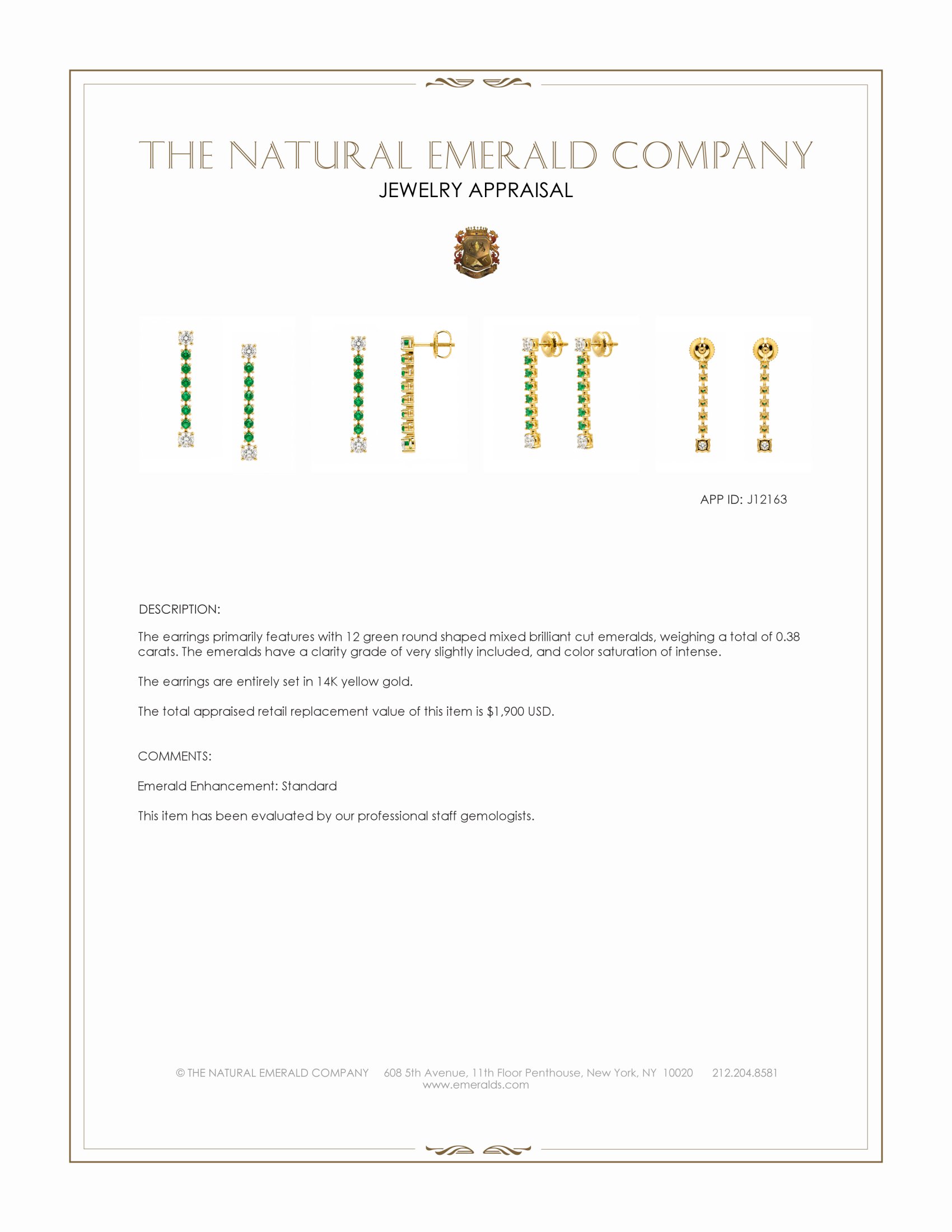 0.92 Ct.Tw. Natural Diamond and Emerald Drops Earrings, 14K Yellow Gold