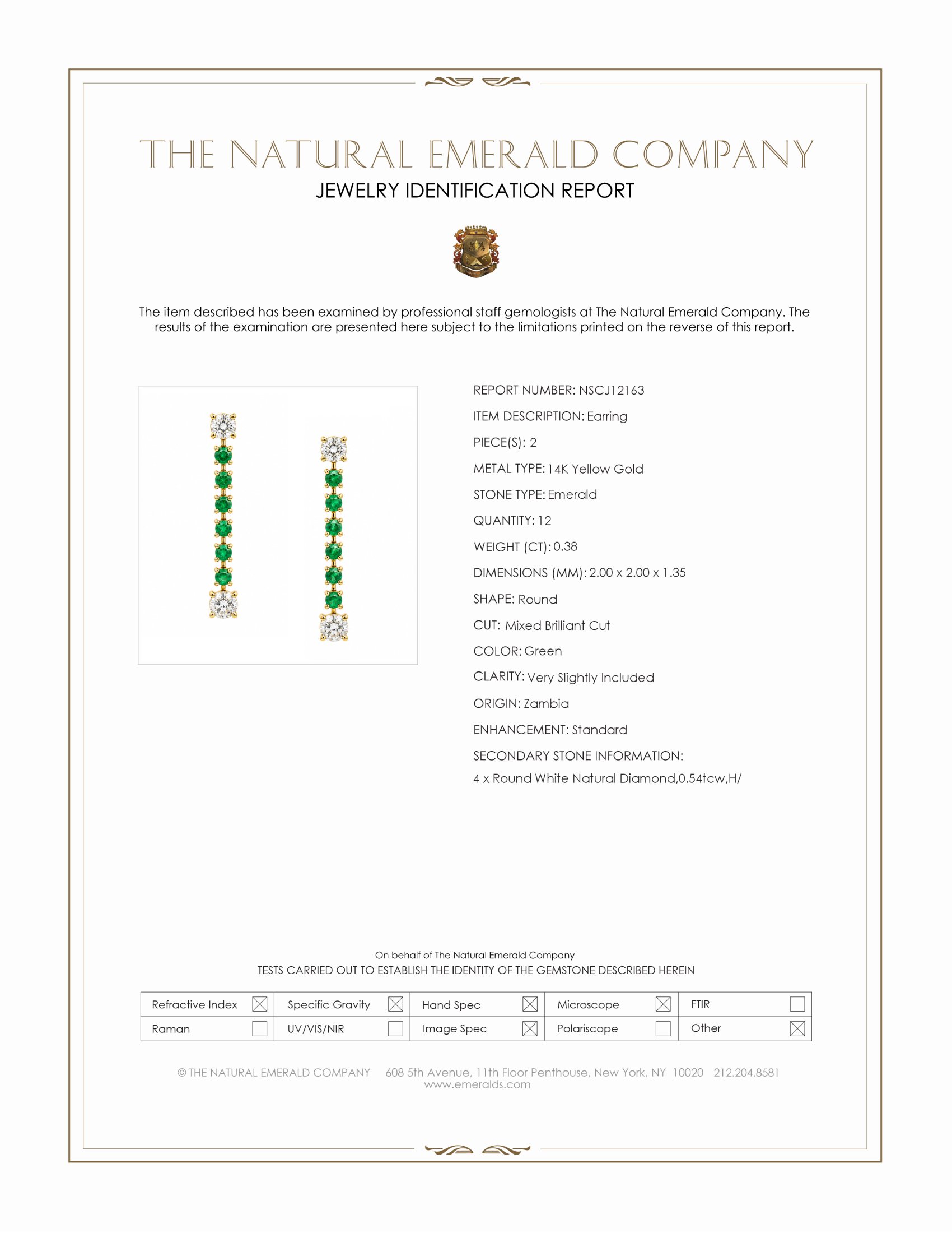 0.92 Ct.Tw. Natural Diamond and Emerald Drops Earrings, 14K Yellow Gold