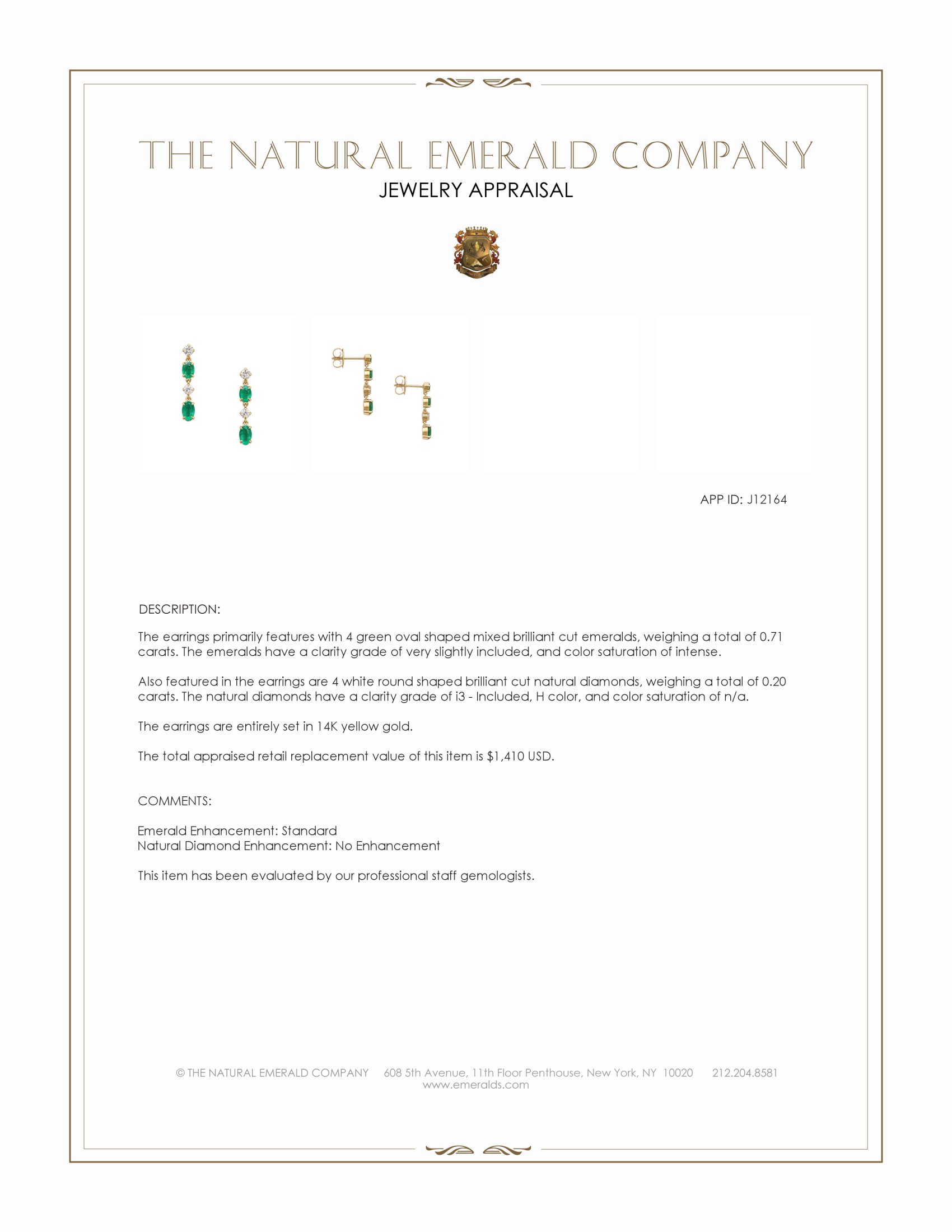 0.71 Ct.Tw. Emerald and Natural Diamond Drops Earrings, 14K Yellow Gold