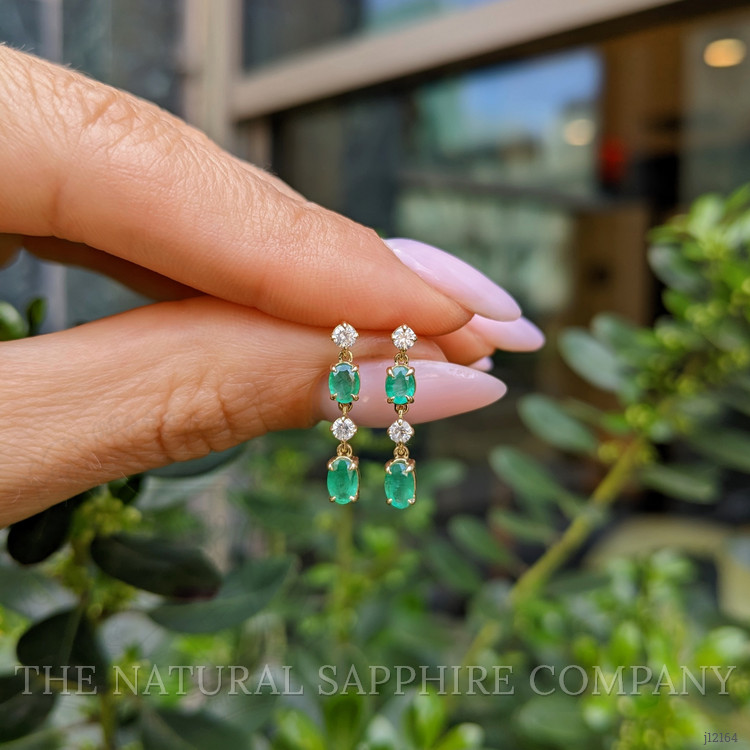 0.71 Ct.Tw. Emerald and Natural Diamond Drops Earrings, 14K Yellow Gold