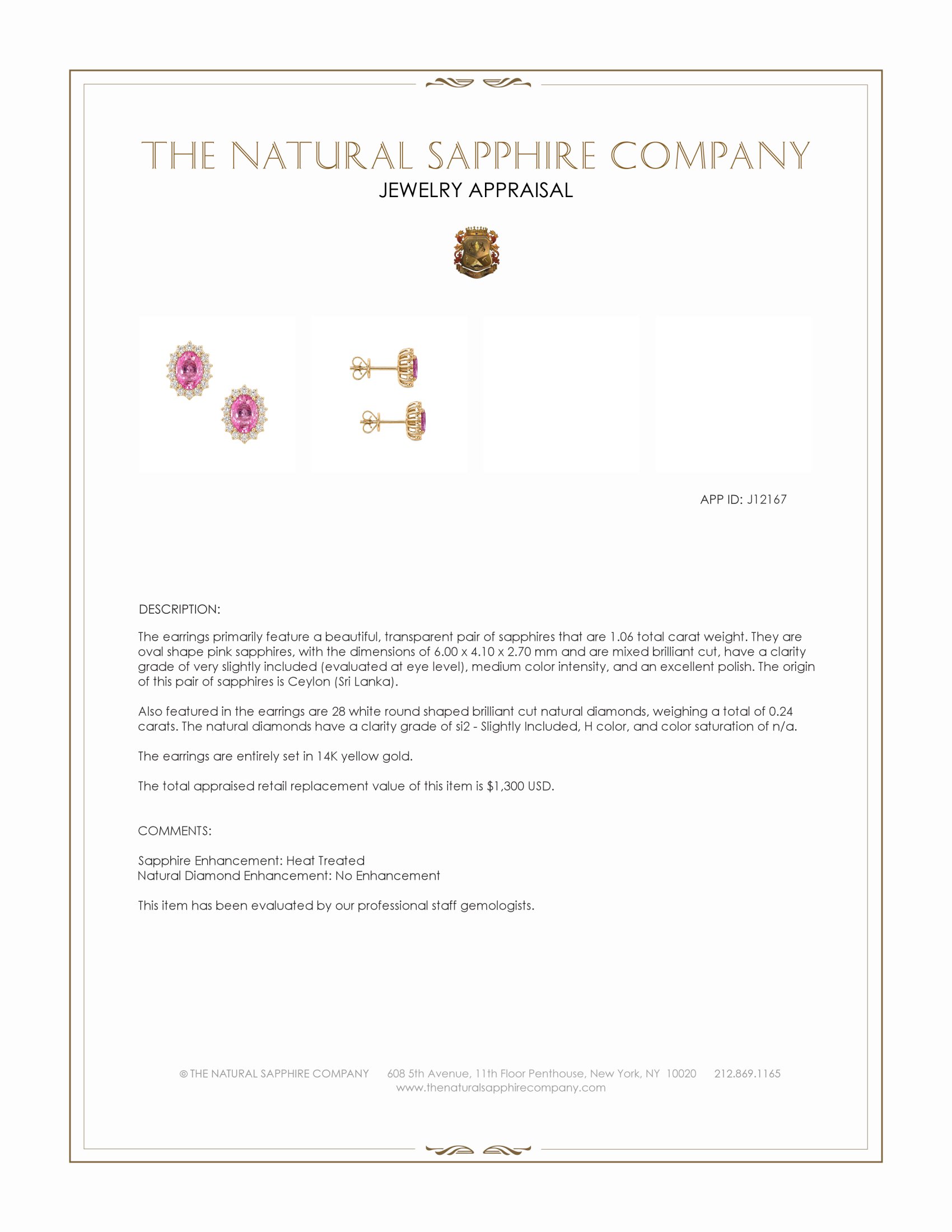 1.06 Ct.Tw. Pink Sapphire and Natural Diamond Studs Earrings, 14K Yellow Gold
