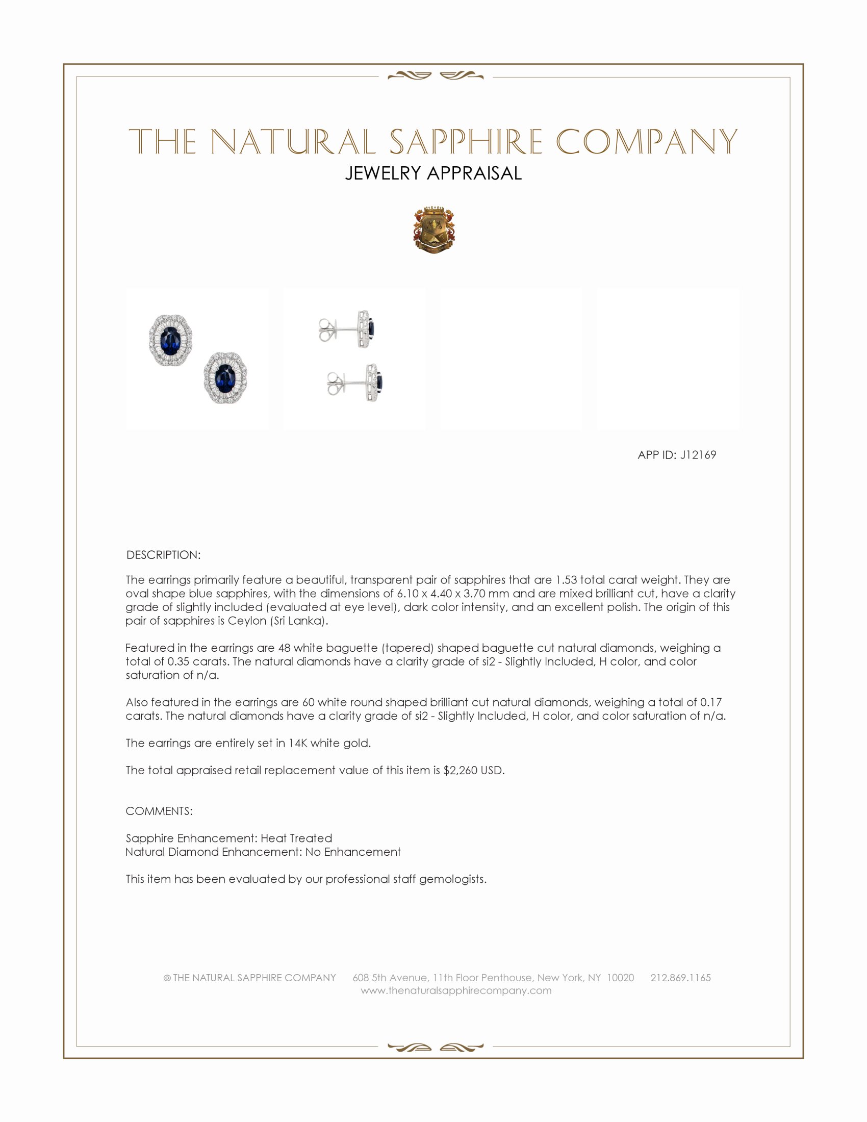 1.53 Ct.Tw. Blue Sapphire and Natural Diamond Studs Earrings, 14K White Gold