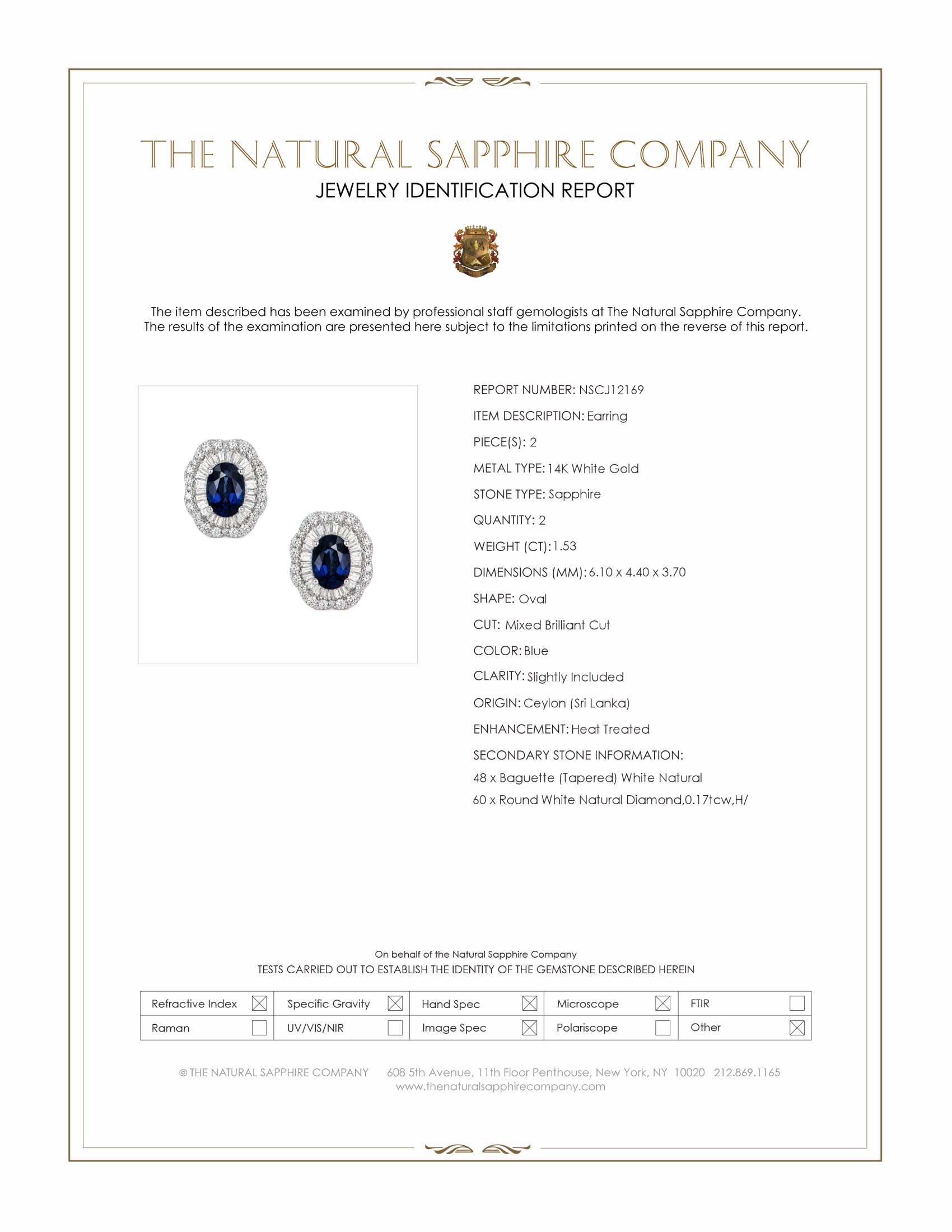 1.53 Ct.Tw. Blue Sapphire and Natural Diamond Studs Earrings, 14K White Gold