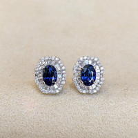 1.53 Ct.Tw.Total Carat Weight Blue Sapphire and Natural Diamond Studs Earrings, 14K White Gold Life Style