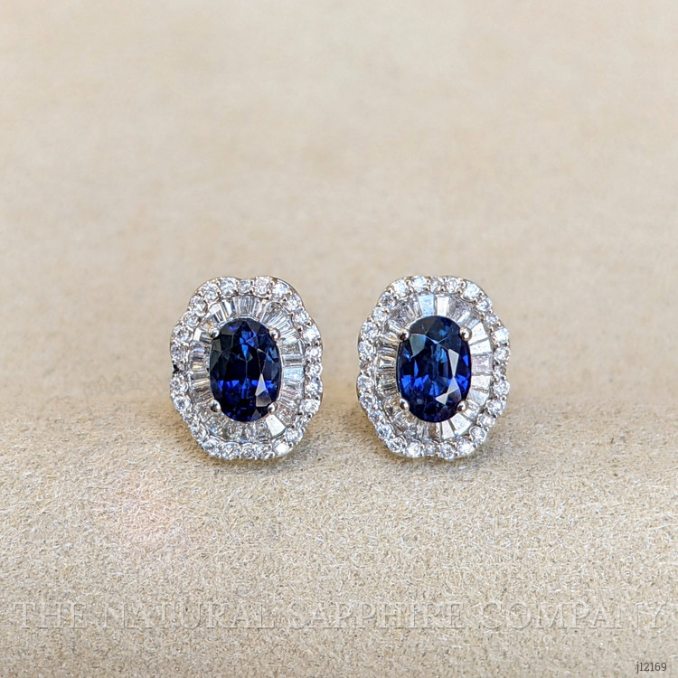 1.53 Ct.Tw. Blue Sapphire and Natural Diamond Studs Earrings, 14K White Gold