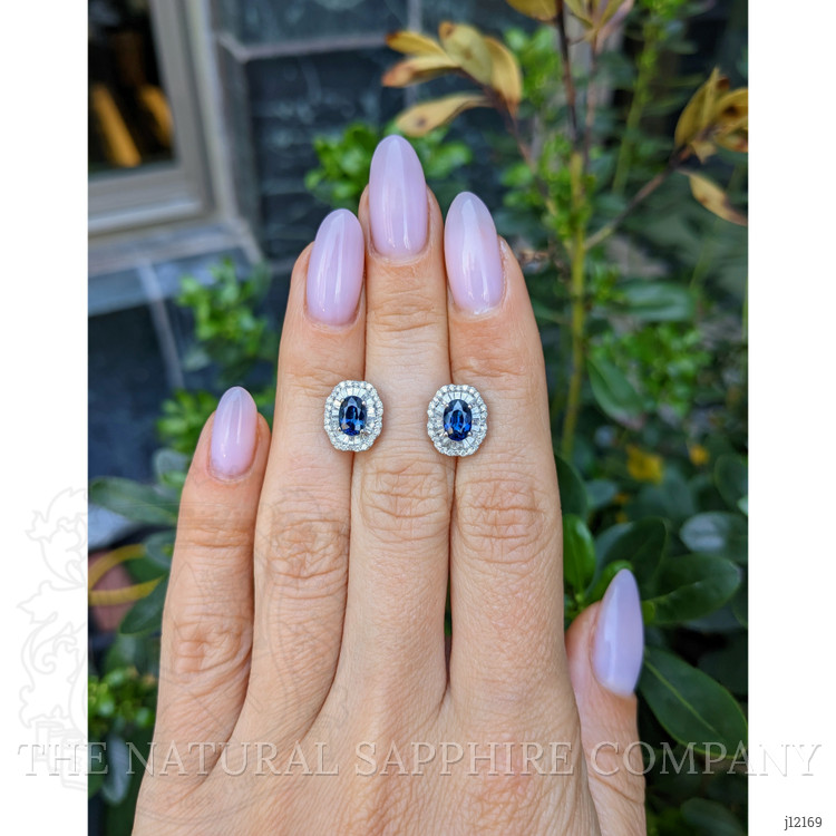 1.53 Ct.Tw. Blue Sapphire and Natural Diamond Studs Earrings, 14K White Gold