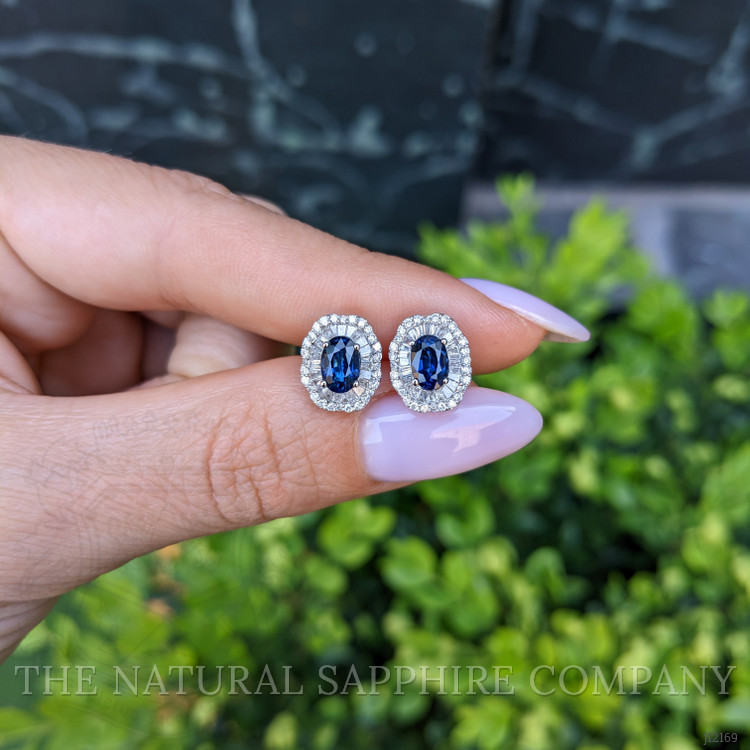 1.53 Ct.Tw. Blue Sapphire and Natural Diamond Studs Earrings, 14K White Gold