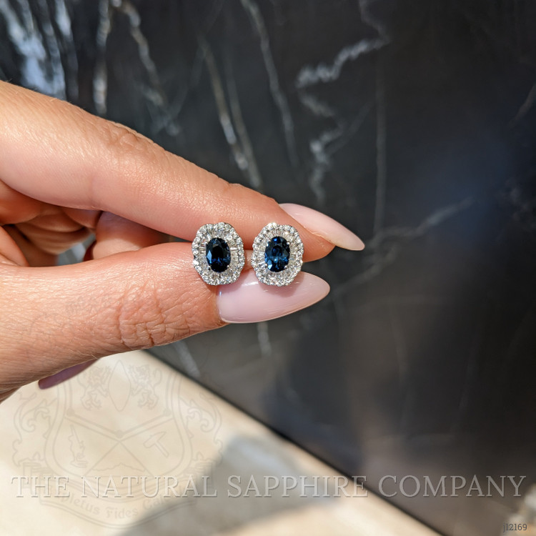 1.53 Ct.Tw. Blue Sapphire and Natural Diamond Studs Earrings, 14K White Gold