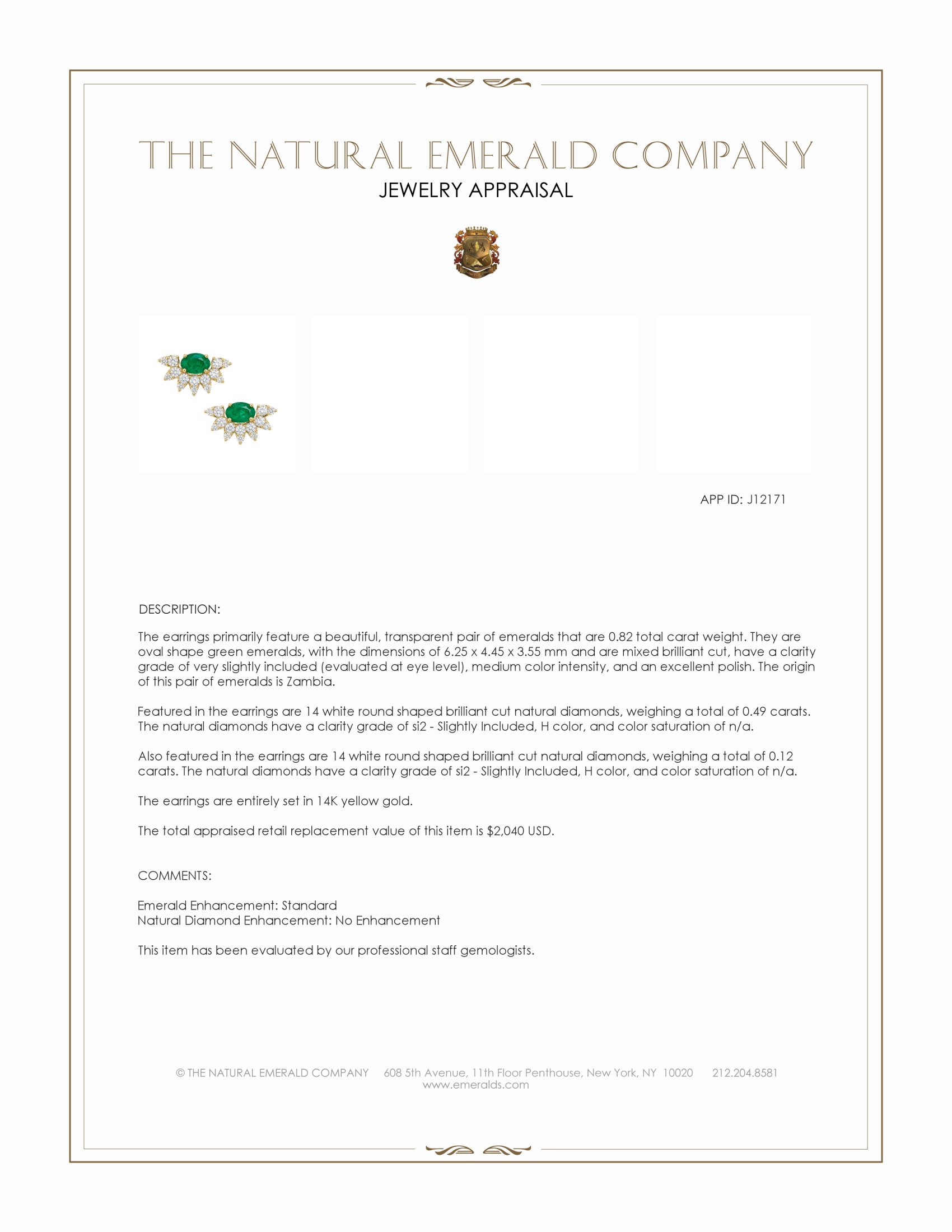 0.82 Ct.Tw. Emerald and Natural Diamond Studs Earrings, 14K Yellow Gold